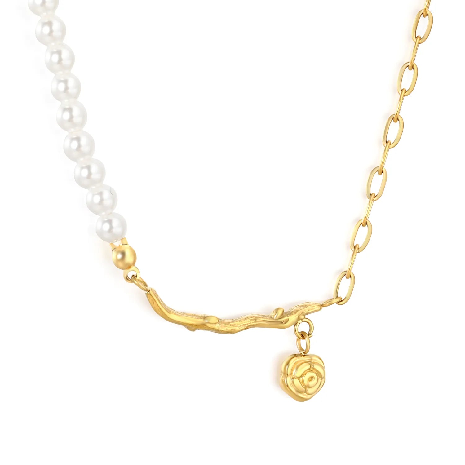 Gold Rose Pendant Necklace 4mm Pearl 25mm Branch Design 0.6 Long Hammer Cross Chain 42+5cm with 6mm Round End Tag asonjewelry